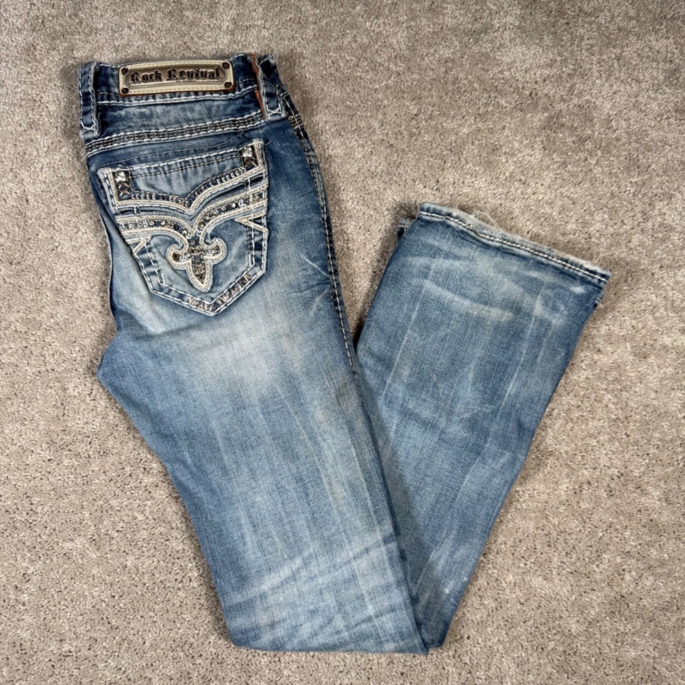 Rock Revival Boris Mid Rise Distressed Bootcut Jeans Blue Women's 26 Y2K
